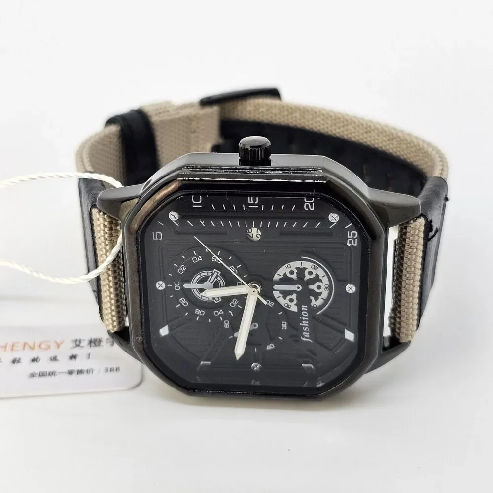 Men's Watch 42MM Black Case Black Dial Date‎ Black Tan Canvas Band Straps